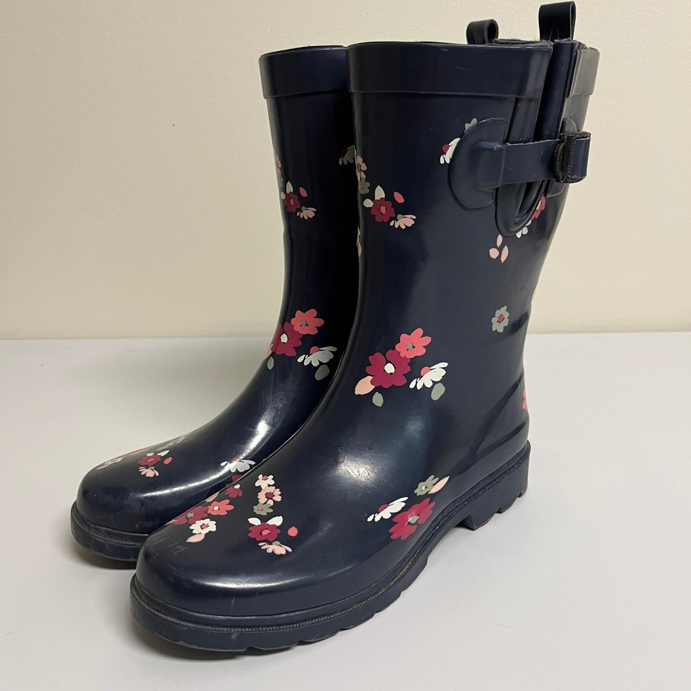 Capelli New York Navy Floral Rubber Rain Boots Womens 8 Utility Floral Mid Calfe